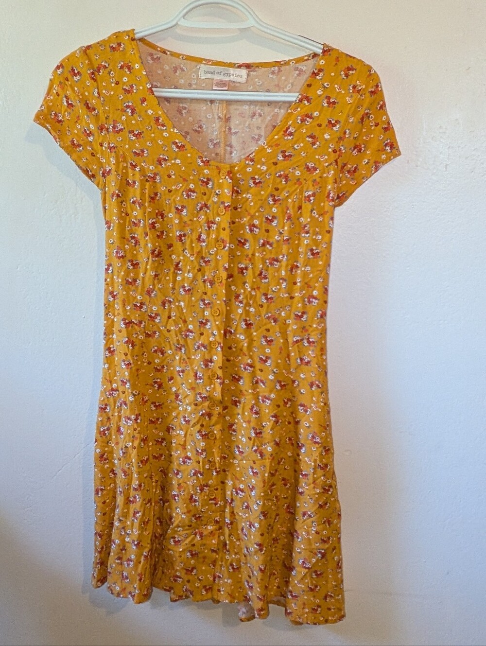 Band of Gypsies Mustard Yellow Floral Scoop-Neck Mini Dress